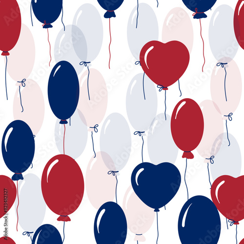 Festive seamless background with balloons in national flag colors for USA holidays. American National Symbol