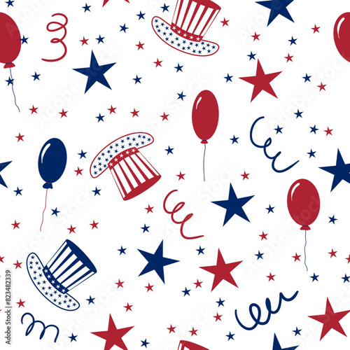 Set of vector illustrations: Uncle Sam's Hat, festive balloons, firework, stars and Stripes. Patriotic American Symbol for Independence Day