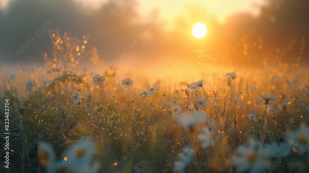 Sunrise over a foggy meadow with wildflowers and dewcovered grass Sunrise over a foggy meadow with wildflowers and dewcovered grass