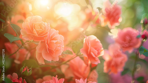 Sunlit peach roses in bloom. Beautiful peach roses in full bloom, bathed in golden sunlight, create a romantic and dreamy atmosphere.