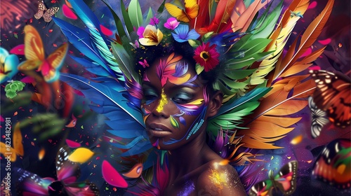A colorful woman with wings made of paper flowers, a beautiful rainbow body art design, and vibrant hair is featured in the center of an abstract background. The artwork includes elements like photo