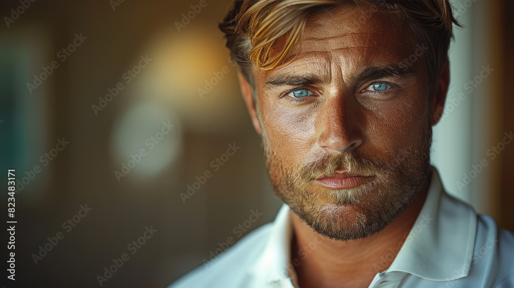 A handsome man in a shirt looks at the camera, a blond man with blue eyes, a portrait of a businessman worker. generative ai