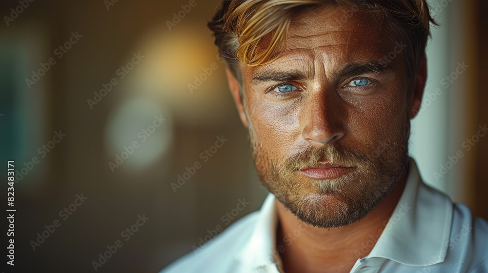 A handsome man in a shirt looks at the camera, a blond man with blue eyes, a portrait of a businessman worker. generative ai A handsome man in a shirt looks at the camera, a blond man with blue eyes, a portrait of a businessman worker. generative ai