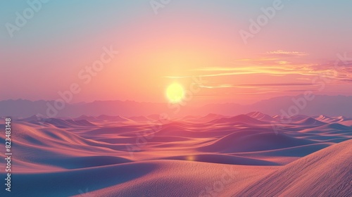 Sunset over a serene desert landscape with sand dunes and a clear sky