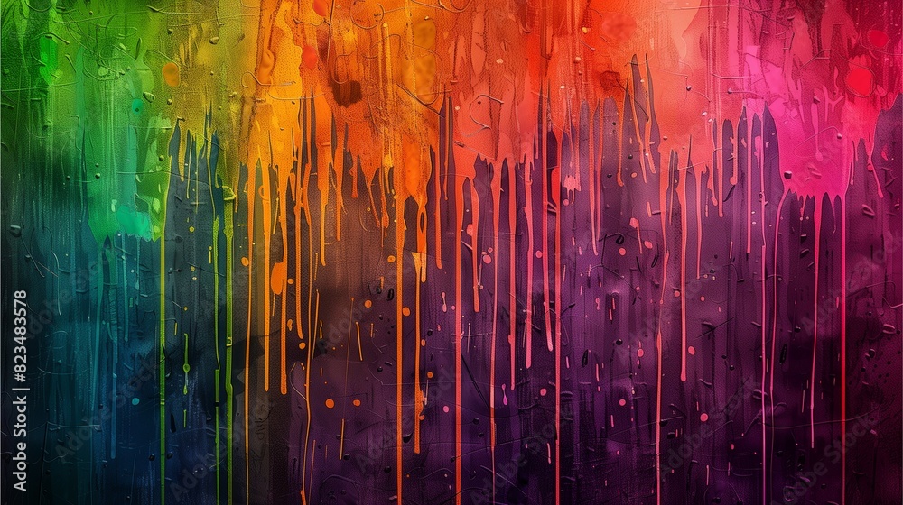 A vertical gradient of colors, from dark to light, with splashes and drips in different rainbow hues. The background is a textured surface that resembles wood or metal