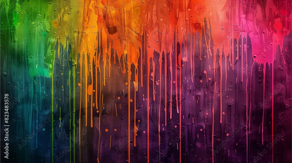 A vertical gradient of colors, from dark to light, with splashes and drips in different rainbow hues. The background is a textured surface that resembles wood or metal A vertical gradient of colors, from dark to light, with splashes and drips in different rainbow hues. The background is a textured surface that resembles wood or metal