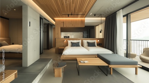 A modern and minimalist hotel room with wooden furniture, featuring an open kitchenette area, sofa and bed. The ceiling is made of natural wood. There is also concrete flooring