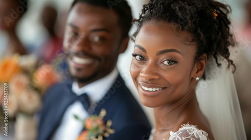 A radiant bride and dapper groom share a joyful moment during a wedding ceremony photo