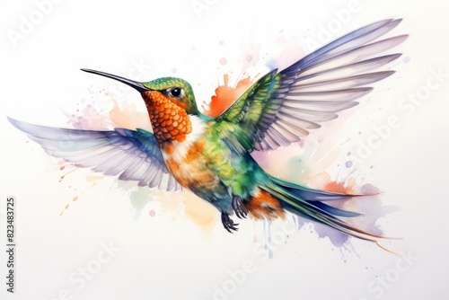 Artistic representation of a hummingbird with colorful watercolor splashes, symbolizing freedom and nature