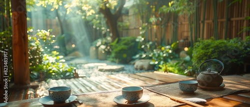 Traditional Japanese tea ceremony in a serene garden with a bamboo grove photo