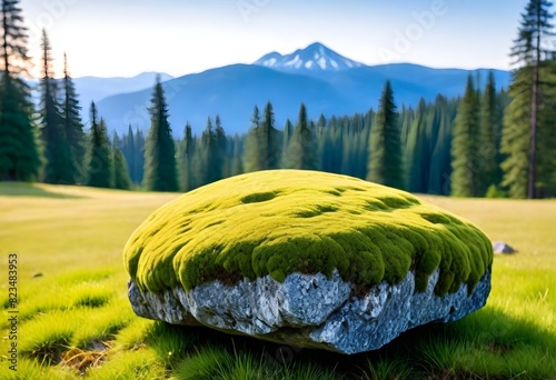 DigitaI illustration  landscape with a large gray stone overgrown with bright green moss, on a grassy meadow, against background of a coniferous spruce forest and high blue mountains in the distance photo