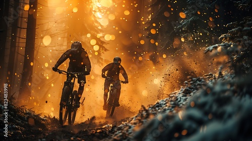 Two mountain bikers riding in the dark forest, with dramatic lighting and dust effects