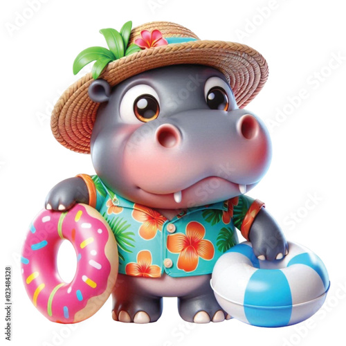 Cute hippo wearing Hawaiian outfit holding a float and playing on the beach