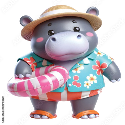 Cute hippo wearing Hawaiian outfit holding a float and playing on the beach