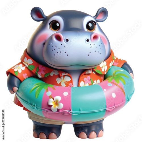 Cute hippo wearing Hawaiian outfit holding a float and playing on the beach