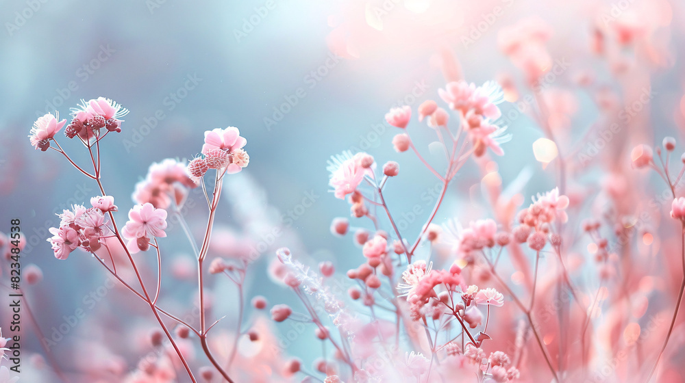 Delicate pink flowers in soft light. A dreamy and romantic image of delicate pink flowers, with a soft pastel color palette and a bokeh effect. Delicate pink flowers in soft light. A dreamy and romantic image of delicate pink flowers, with a soft pastel color palette and a bokeh effect.