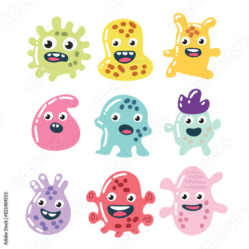 Collection of cute microbes characters in flat style. Hand drawn vector art.