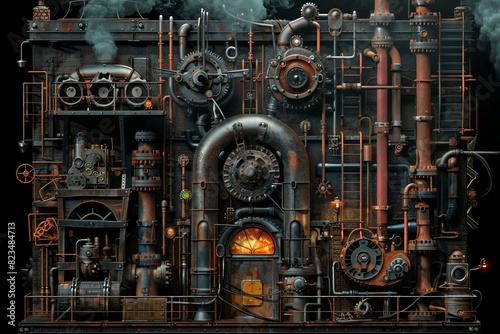 An intricate steampunk machine with numerous pipes, gears, and gauges, all centered around a glowing furnace. © jixiang