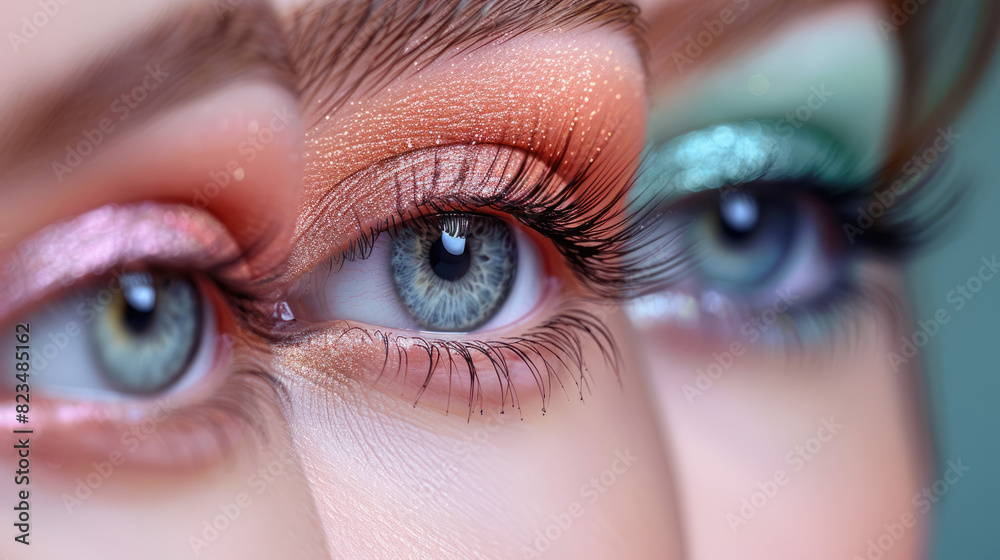 Eye makeup, professional makeup and eyeshadow examples. Pastel shades in makeup, bright eyes and long eyelashes. Fashionable and stylish. generative ai