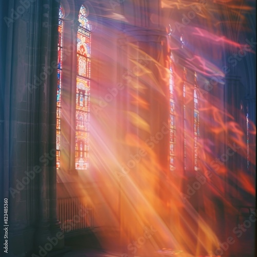 Brilliant Sunlight Filtering Through Ornate Stained Glass Windows,Casting Ethereal Beams of Light Upon the Intricate Gothic Architecture of a Majestic Cathedral Interior The Serene and Contemplative photo