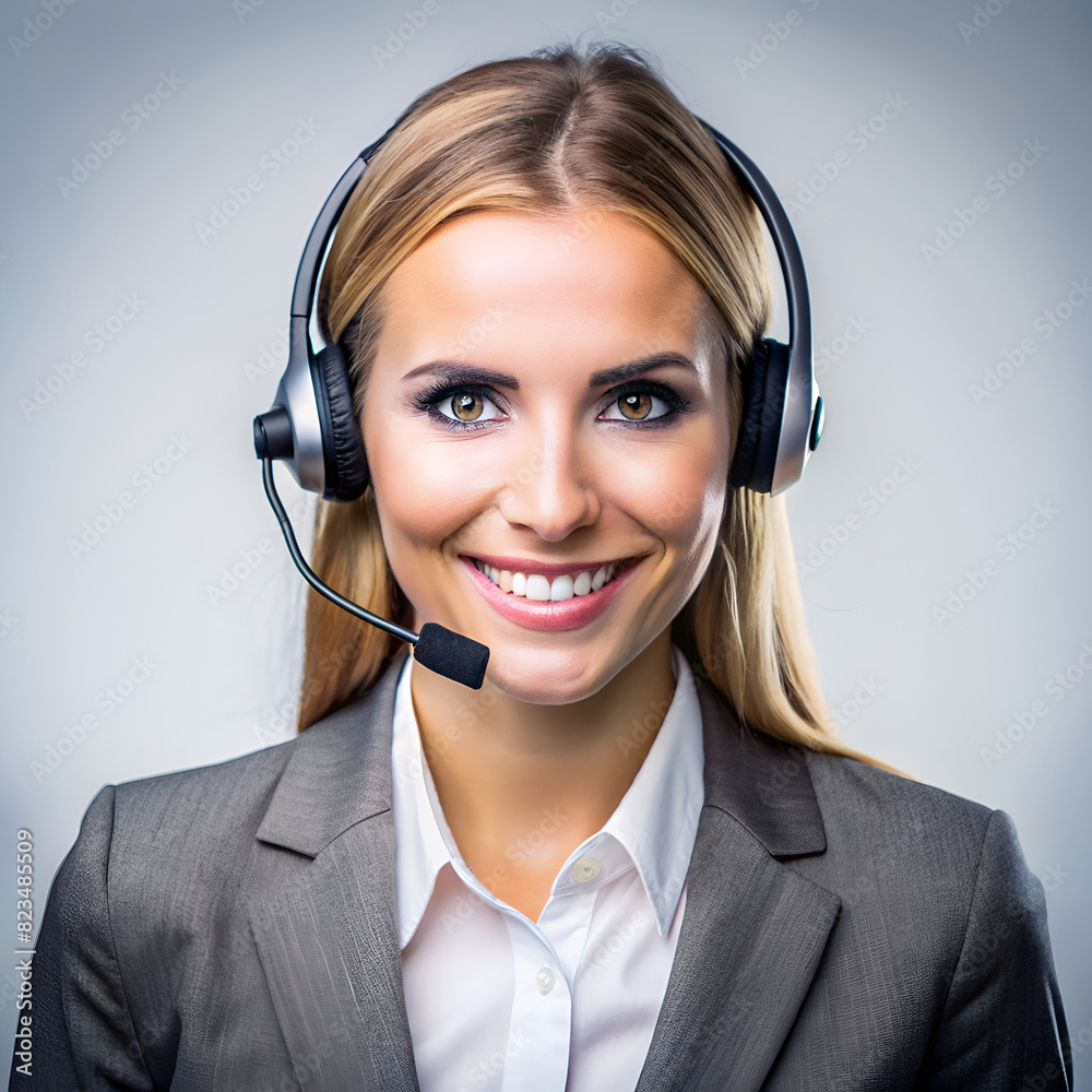 Smiling customer service representative wearing a headset, ready to assist clients professionally