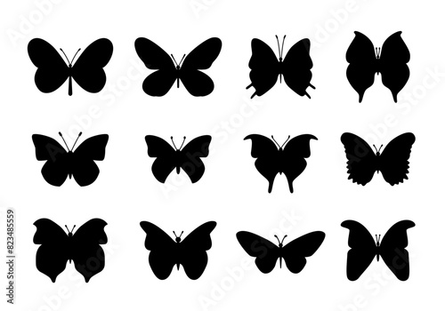 Butterfly icon set. Black butterflies silhouettes isolated on white background