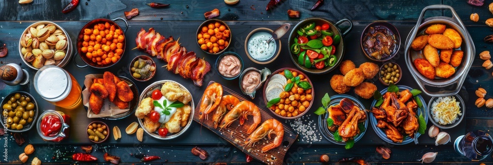 Hot Beer Snacks Set, Wine Snack Collection, Antipasti Buffet of Grilled Prawns, Chicken Wings Barbecue Hot Beer Snacks Set, Wine Snack Collection, Antipasti Buffet of Grilled Prawns, Chicken Wings Barbecue