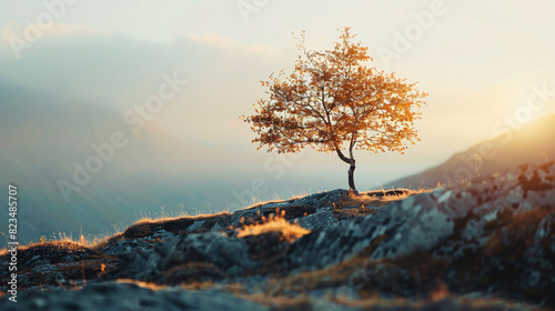 Lone tree at sunset on a mountaintop. A lone tree with autumn leaves stands on a rocky mountaintop, silhouetted against a golden sunset over mountains.