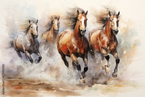 Dynamic watercolor painting of majestic horses galloping in a wild herd  capturing the beauty and motion of these lively animals