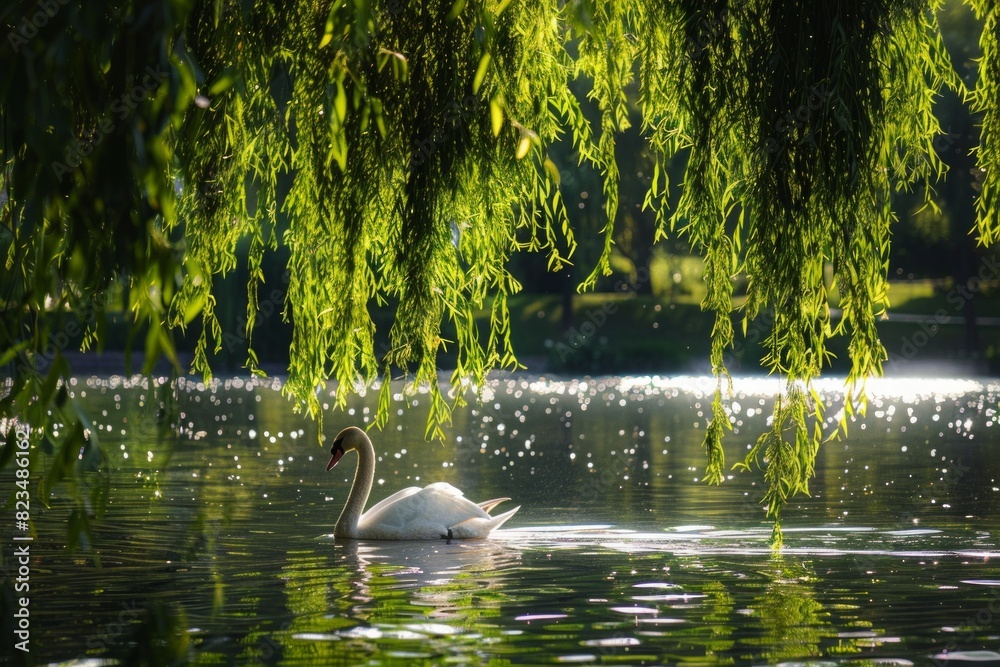 The sun's reflection shimmered on the water as the swan glided serenely, adding a touch of magic to the tranquil lakeside view The sun's reflection shimmered on the water as the swan glided serenely, adding a touch of magic to the tranquil lakeside view