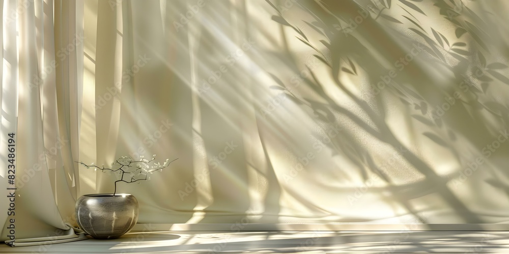 3D render of sunlight casting shadow on beige wall with curtains. Concept 3D Rendering, Sunlight Shadows, Beige Wall, Curtains 3D render of sunlight casting shadow on beige wall with curtains. Concept 3D Rendering, Sunlight Shadows, Beige Wall, Curtains