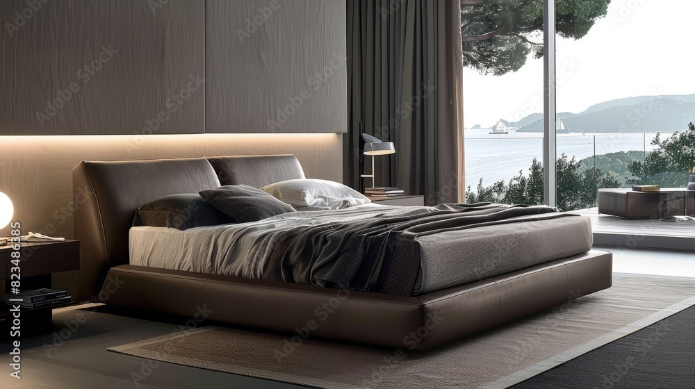 Fototapeta premium modern bedroom design, with a beige stucco wall setting the tone for a minimalist bed adorned with clean lines and subtle accents, creating a refined and elegant atmosphere.