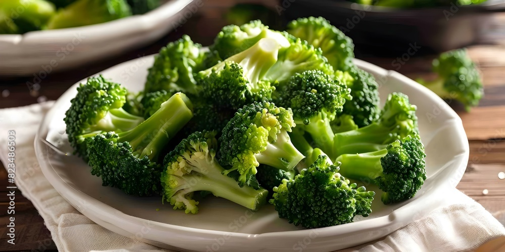 Broccoli florets on a white plate. Concept Food Photography, Vegetable Presentation, Healthy Eating, Culinary Art, Fresh Produce Broccoli florets on a white plate. Concept Food Photography, Vegetable Presentation, Healthy Eating, Culinary Art, Fresh Produce