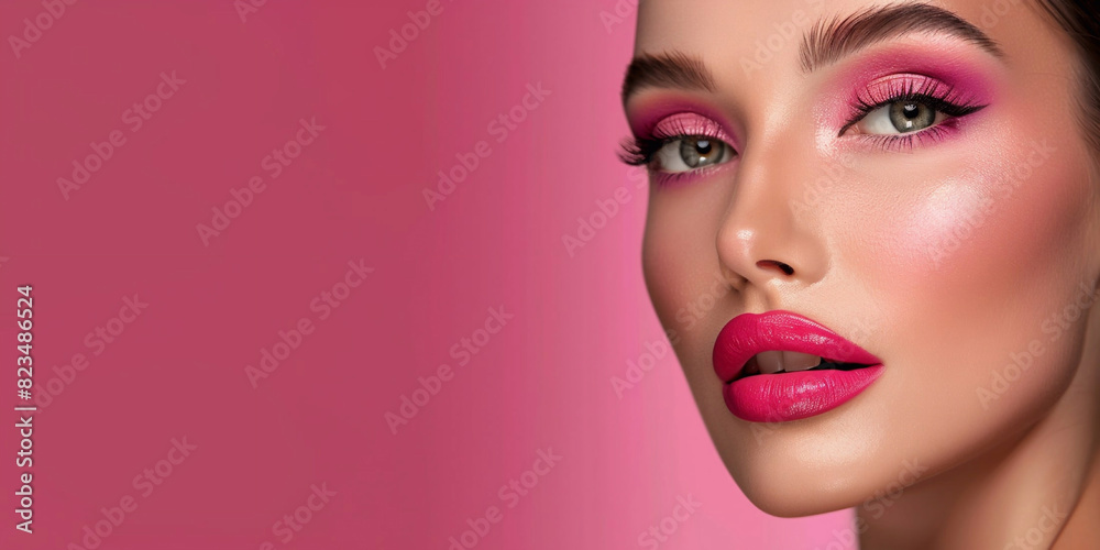Beauty glamour portrait of woman with professional evening makeup done with luxury decorative cosmetics on pink background.AI Generative. Beauty glamour portrait of woman with professional evening makeup done with luxury decorative cosmetics on pink background.AI Generative.