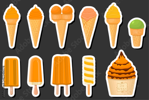 Illustration on theme big kit ice cream popsicle different types in cone waffle cup