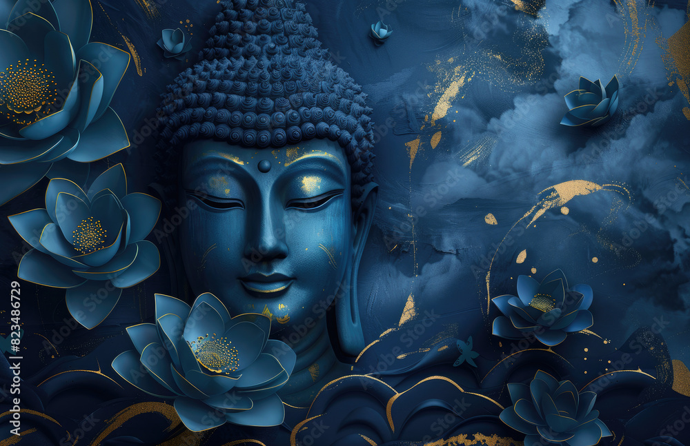 A blue Buddha head with lotus flowers