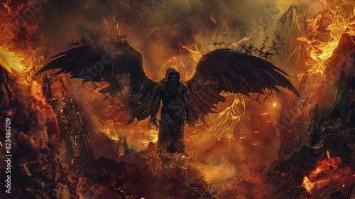 Dramatic Digital of a Fallen Angel with Dark Wings Descending into the Fiery,Apocalyptic Depths of a Demonic,Hellish Inferno