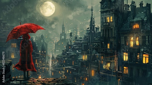 Conte du petit chaperon rouge moderne dans une ville avec des immeubles par temps de pluie - illustration   photo