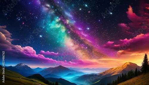 a beautiful night sky full of stars; the milky way; shimmering in rainbow colors; clouds; hyper realistic; detailed ciel, coucher de soleil, nuage, soleil, nature, nuage, paysage, lever du soleil,  photo