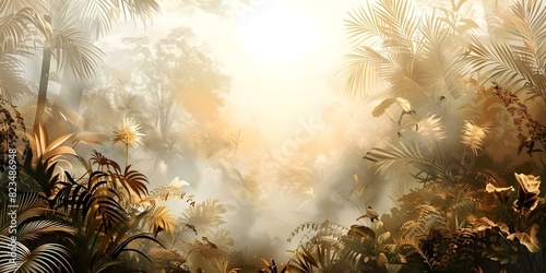 Fototapeta Naklejka Na Ścianę i Meble -  Jungle flora and fauna coevolved creating unique symbiotic relationships and fantastical creatures. Concept Science fiction, Evolution, Biodiversity, Ecosystems, Creative storytelling