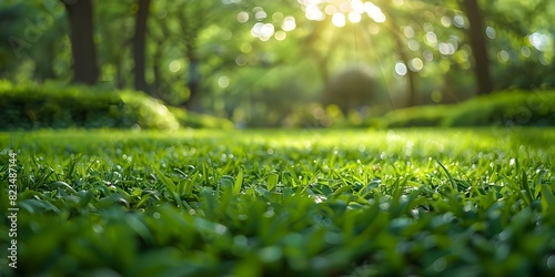 Beautiful blurred background image of spring nature with a mowed lawn centered copy space selective focus. Concept Spring Beauty, Blurred Background, Mowed Lawn, Copy Space, Selective Focus photo
