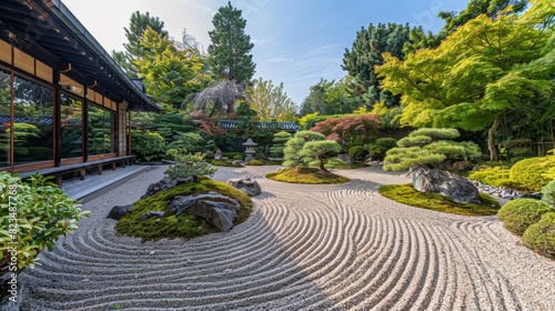 Tranquil Zen garden with meticulously raked gravel, bonsai trees, and a peaceful ambiance