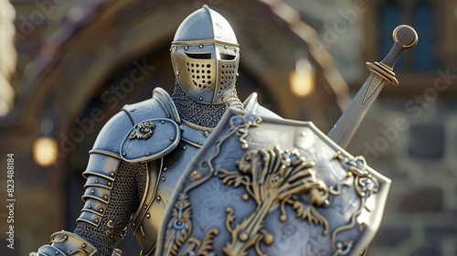 A  3D cartoon character of a brave knight in shining armor, holding a sword and shield, with a determined expression. The knight's detailed armor and heroic pose make him perfect for medieval and fant photo