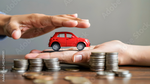 
A scale model of a car is covered by a hand near a pile of coins.  Car insurance concept.
 photo