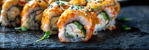 Unagi tempura uramaki sushi rolls with rice, cream cheese, eel, cucumber and nori. Hot crispy maki roll on black