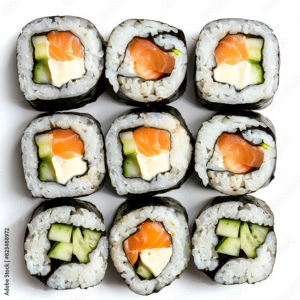Sushi Rolls Set with Salmon, Shrimps, Cucumber and Philadelphia Cream Cheese Isolated on White Sushi Rolls Set with Salmon, Shrimps, Cucumber and Philadelphia Cream Cheese Isolated on White