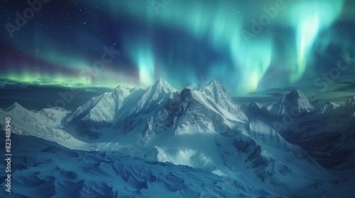 Northern Lights over snowy mountains. Aurora borealis with starry in the night sky. Fantastic Winter Epic Magical Landscape of snowy Mountains. --ar 16:9 Job ID: 818db0a7-5d6b-42b5-ba4a-81c5cfc7ad48