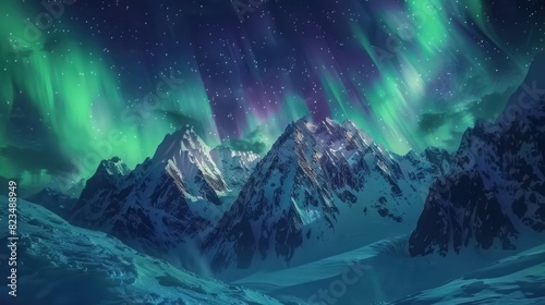 Northern Lights over snowy mountains. Aurora borealis with starry in the night sky. Fantastic Winter Epic Magical Landscape of snowy Mountains. --ar 16:9 Job ID: 818db0a7-5d6b-42b5-ba4a-81c5cfc7ad48 © Farda Karimov