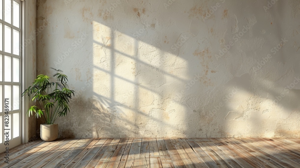 A large empty room with a window and a plant. The room is very bright and open, with sunlight streaming in through the window. The plant adds a touch of greenery to the space A large empty room with a window and a plant. The room is very bright and open, with sunlight streaming in through the window. The plant adds a touch of greenery to the space