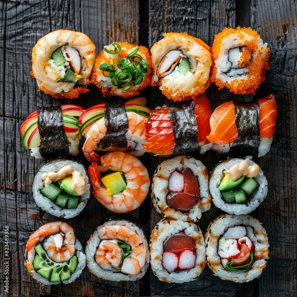 Uramaki Sushi Rolls with Shrimps, Eel, Salmon and Cucumber Outside on Natural Wooden Background Uramaki Sushi Rolls with Shrimps, Eel, Salmon and Cucumber Outside on Natural Wooden Background